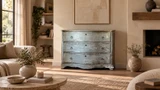 Premium Ashworth Bombe Chest with three drawer storage and aged blue-grey finish