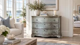 French style curved chest of drawers by Thomas & Hurley in a Hamptons inspired interior