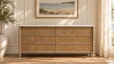 Designer marble top chest of drawers in a neutral Hamptons bedroom underneath a coastal artwork