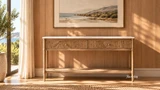 Hamptons style marble top console with textured fluted drawer detailing in a contemporary living room with natural light and artwork