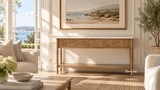 Elegant marble topped hallway console table with two drawers and slender legs