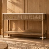 Marble top console table with two framed reeded drawers and lower timber shelf