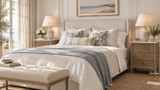 Marble top bedside cabinet with framed fluted drawers and round metal handles in a Hamptons-style bedroom