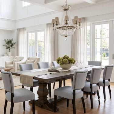 Close-up of Thomas and Hurley Darcy Oak Dining Table showing traditional parquetry pattern.