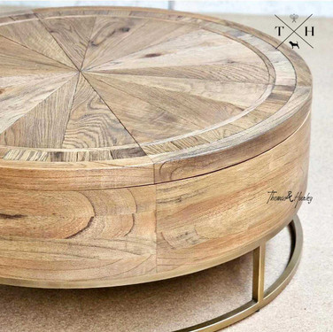 Close-up of the Darcy Oak Parquetry Coffee Table top, highlighting the intricate oak parquetry work.