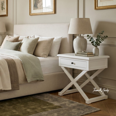 Hampstead Cross Leg Bedside Side Table in white styled beside a contemporary bed with a ceramic lamp and decorative greenery in a light-filled coastal-inspired bedroom.