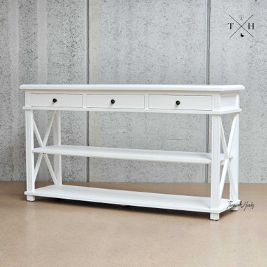 Side profile image of the Hampstead Console, illustrating its linear design and depth.