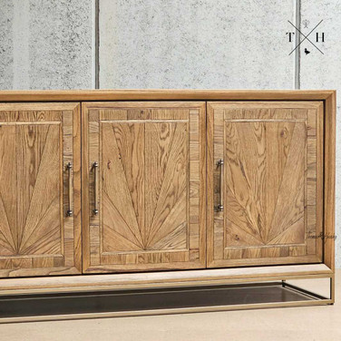 Detailed close-up of the intricate Oak Parquetry work on the Darcy Oak Buffet/Sideboard, highlighting the craftsmanship
