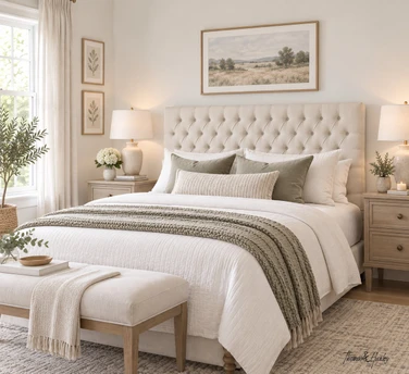 Styled view of the Everly Tufted Headboard in a serene bedroom