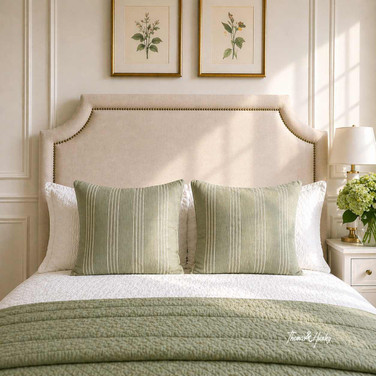 A linen studded queen-sized cream headboard showing its texture in an elegant Hamptons inspired setting.