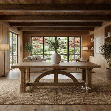 A hardwood timber dining table with curved base, the Trailbridge solid oak dining table by Thomas and Hurley, showed in a styled setting