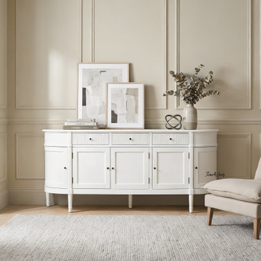 Front facing view of the Louis Curved Sideboard in white in 200cm in a modern Hamptons Style living room