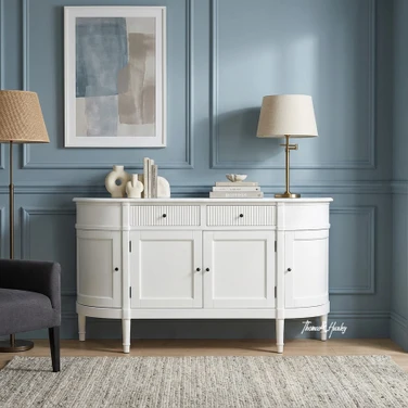 Front view of the Louis Curved Sideboard in 160cm size in white in a modern Hamptons style home