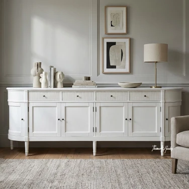 Styled image of the Louis Curved Sideboard in 250cm in an elegant Hamptons Style Living Room