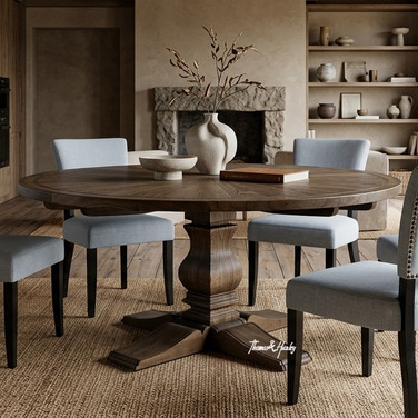 The Darcy Round Oak parquetry dining table in a warm styled living room showcasing its pedestal base and intricate oak parquetry detailing