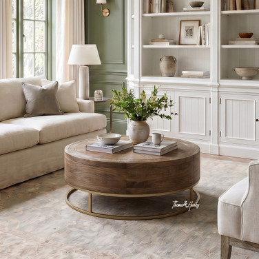 Warm minimalist living space featuring a circular oak parquetry coffee table by Thomas and Hurley