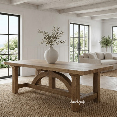 The Trailbridge hardwood dining table, styled in a Hamptons-inspired setting.
