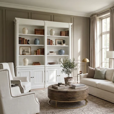 Styled living room showcasing an angled view of the Stonefield Double Bookcase Wall Unit
