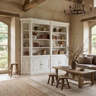 Custom Hamptons style double display bookcase featuring decorative shelving, shaker base cabinets and handcrafted storage by Thomas & Hurley.