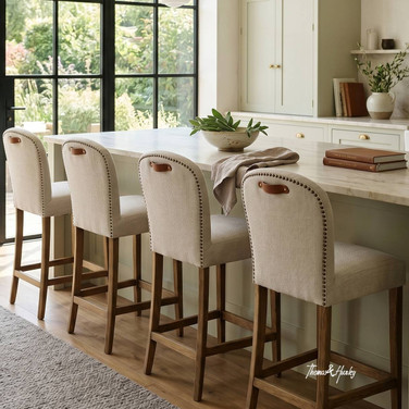 Elegant Stratford Kitchen Stool with brass nailhead detailing and natural timber finish by Thomas and Hurley