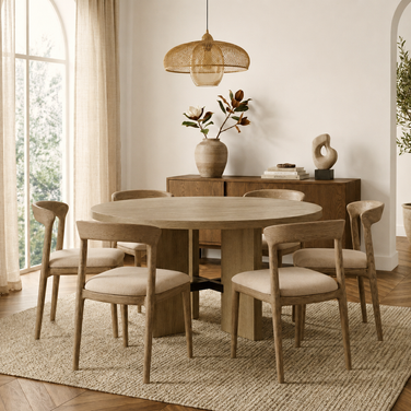 A luxury curved back timber dining chair with premium upholstered seat, in a styled setting.