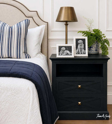 Modern classic black bedside table with storage shelf and drawers