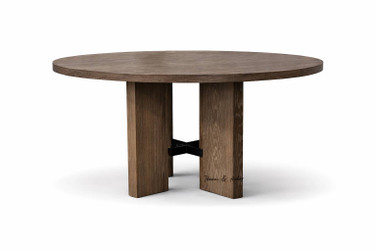 Front view of the Tisbury Dining Table by Thomas & Hurley, a luxury round timber dining table with sculptural pedestal base in a contemporary Hamptons style.