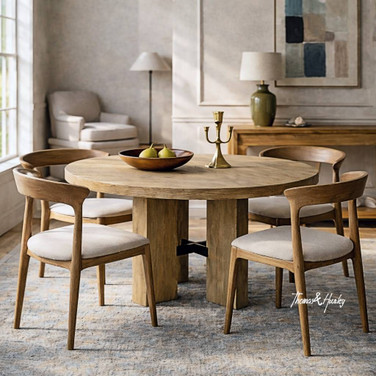 Styled view of the Tisbury Round 135cm Dining Table showcasing the architectural pedestal base and refined proportions.