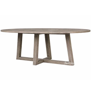 Ovalis 240cm Dining Table in brushed oak angled view with pedestal base