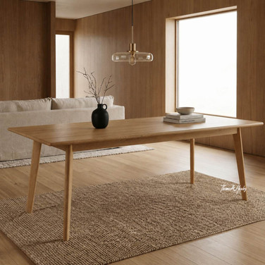Tapered leg solid timber dining table in a contemporary living room