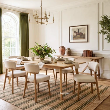 Lofthouse Natural Oak Dining Table styled in a light, elegant dining room with upholstered dining chairs, showcasing its clean lines, tapered legs and warm timber finish.