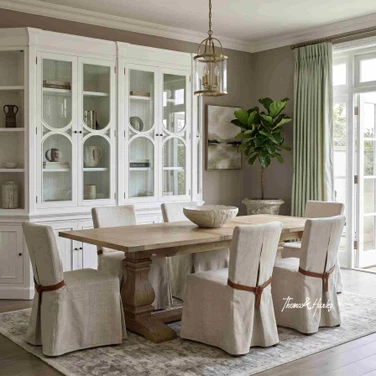 A styled view of the Sandringham Double Extension Dining Table with Carlyle Chairs by Thomas and Hurley.