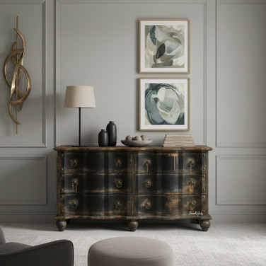 The Henrique 6 Drawer Chest front styled view showing hand-finished patina, carved detailing, and drawers for functional storage.