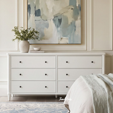 Thomas and Hurley white 6 drawer chest positioned in a bright, neutral bedroom setting.