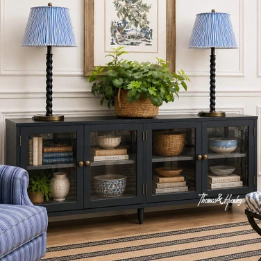 Designer sideboard cabinet in black finish for living room, entry way, or media room styling