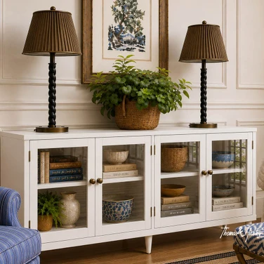 Modern Hamptons style media unit in white with elevated legs
