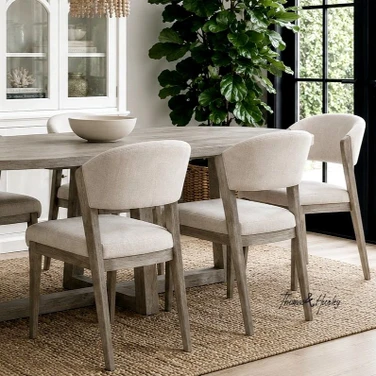 Curved back upholstered dining chair with brushed oak leg