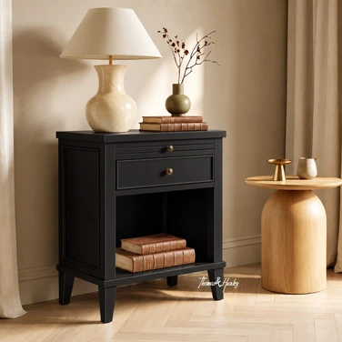 Black side table with framed drawer and generous lower shelf styled with a lamp and round timber side table