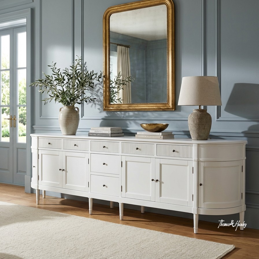 Modern French Louis Curved Buffet Sideboard 300cm White
