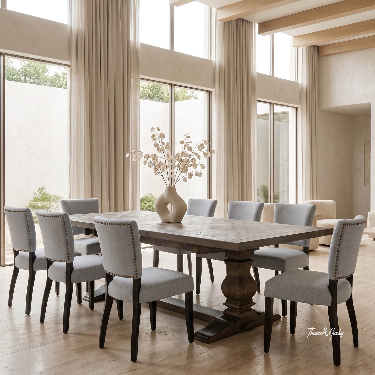 Why Oak Parquetry Tables and Upholstered Chairs Are the Perfect Dining Room Pair