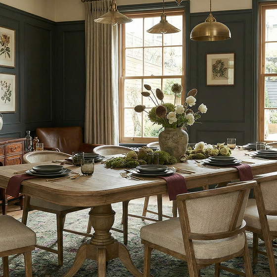 Dining table and chairs in a bright interior