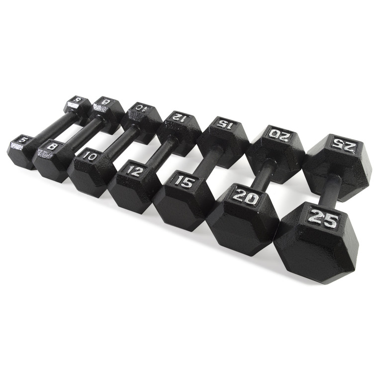 Displaying different sizes of the CAP Cast Iron Hex Dumbbells Displaying different sizes of the CAP Cast Iron Hex Dumbbells