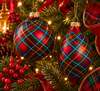 Raz 4" Set of 2 Red Plaid Ball and Finial Glass Christmas Ornament 4624799-2