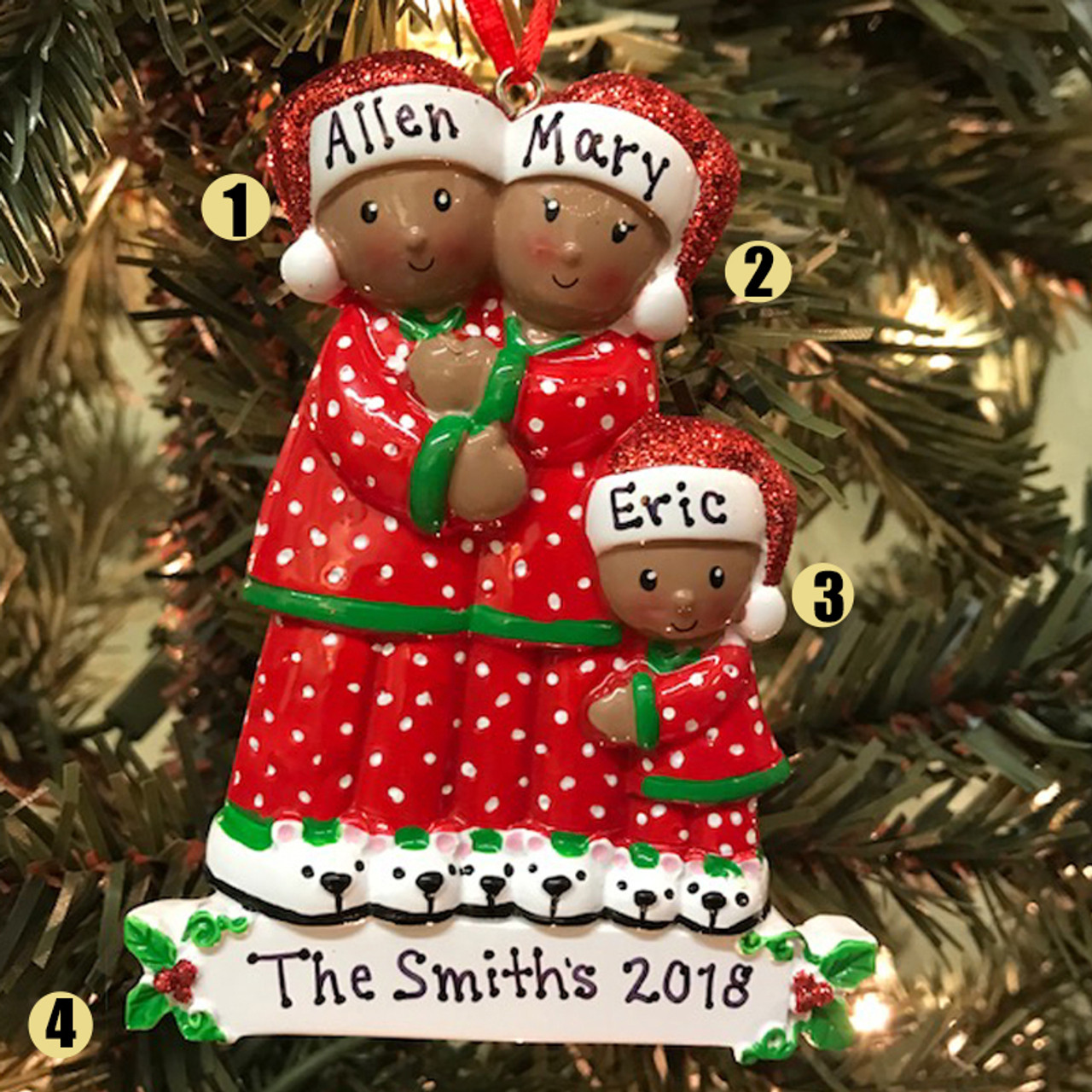 African American Family of 3 Personalized Christmas Ornament ...