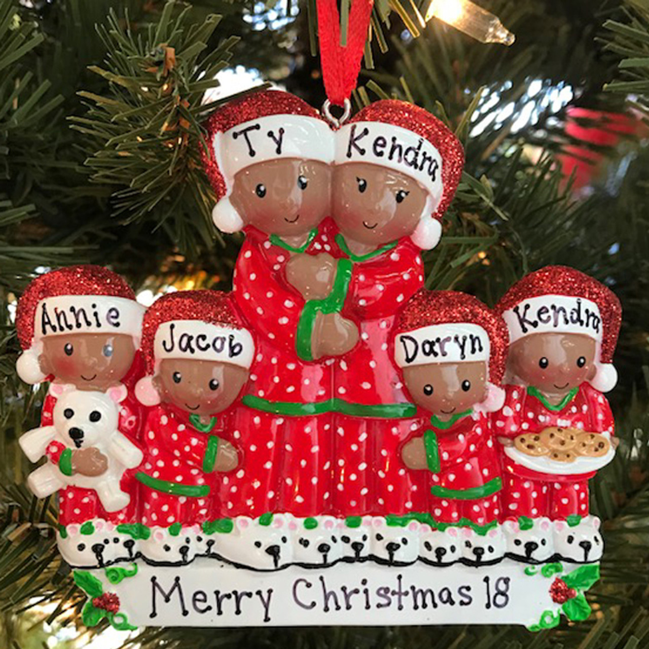 African American Family of 5 Personalized Christmas Ornament ...