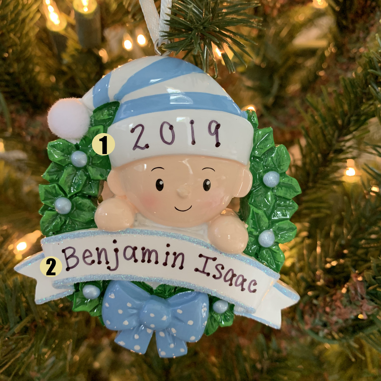 Bayi Laki Laki Biru Dalam Ornamen Natal Yang Dipersonalisasi Karangan Bunga Hiasan Natal Ornamen Natal Unik Ornamen Natal Yang Dipersonalisasi