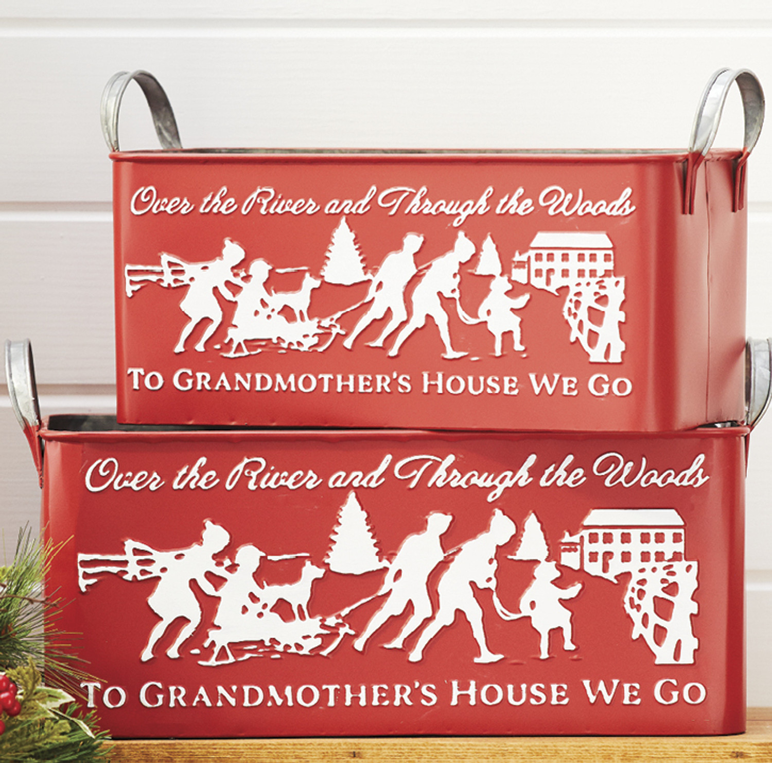 Raz Set of 2 To Grandmother's House We Go Embossed Metal Christmas  Container 4159088