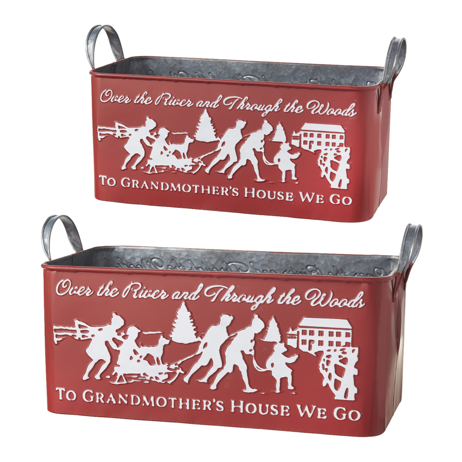 Raz Set of 2 To Grandmother's House We Go Embossed Metal Christmas  Container 4159088