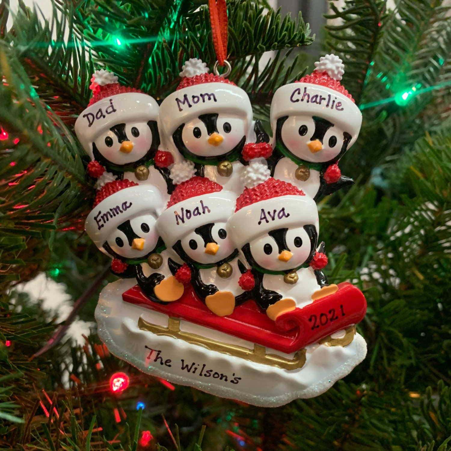 Personalized Christmas Table Topper Penguin Tree Family of 4 Free Shipping  