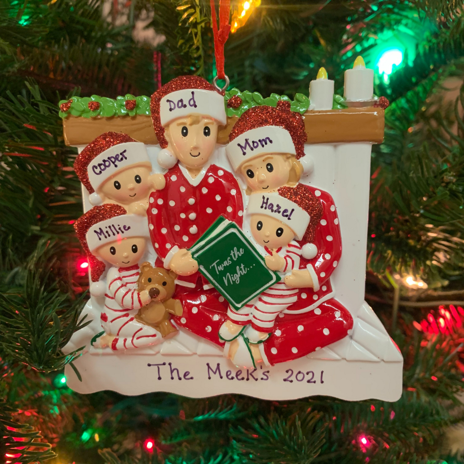 Family of 3 Opening Christmas Gifts by the Tree Personalized Christmas  Ornament